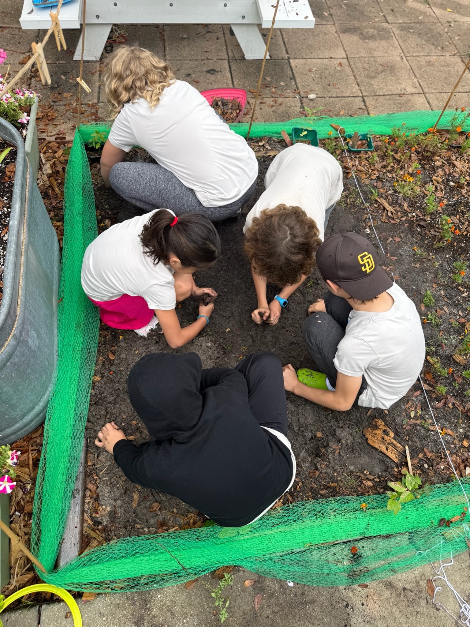 Students working hands-on in the raised garden bed